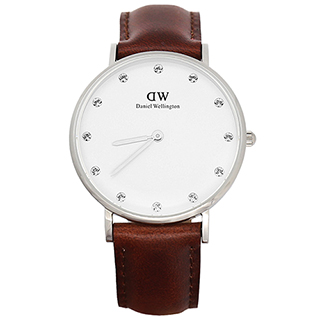 【Daniel Wellington】施華洛世奇水晶棕色皮革腕錶-銀框/34mm(0960DW)