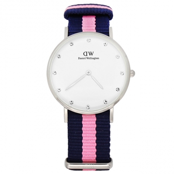 【Daniel Wellington】施華洛世奇水晶藍粉紅帆布腕錶-銀框/34mm(0962DW)