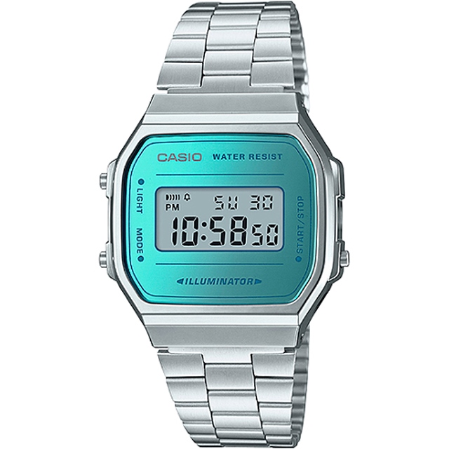 CASIO 經典復刻造型不鏽鋼電子錶-銀X藍綠(A168WEM-2D)