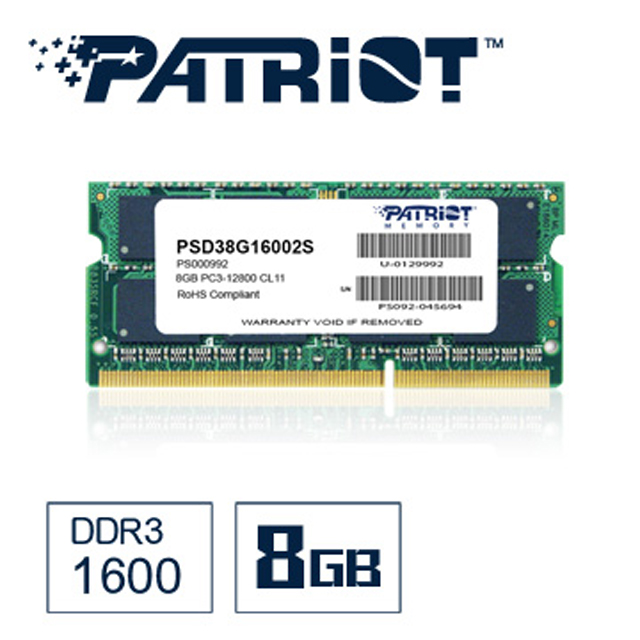 Patriot美商博帝 DDR3 1600 8GB筆電用記憶體
