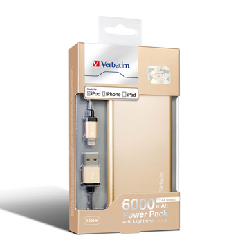 Verbatim 威寶 金色 6000mAh + Apple 1.2米 鋁殼行動電源含LIGHTNING 傳輸線