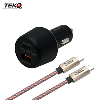 TEKQ 雙孔車充 48W USB Type-C QC3.0 PD 車用快速充電器+TEKQ uCable Type-C 高速傳輸充電線-120cm