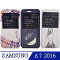 Samsung A7 2016 時尚彩繪手機皮套 側掀支架式皮套 仙境遊蹤/少女背影/蠟筆拼盤
