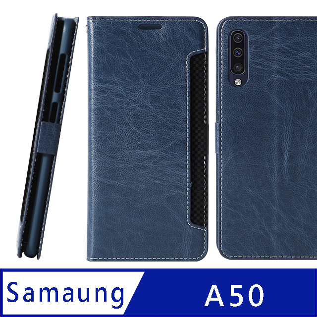 CASE SHOP Samsung Galaxy A50 專用前收納側掀站立式皮套-藍