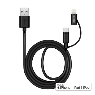 A-BECO Apple原廠授權認證 micro usb lightning cable 雙頭 二合一充電傳輸線 1M-黑