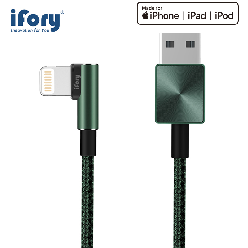 【iFory】 USB-A to Lightning 90° 彎頭 蘋果MFi認證 雙層編織充電傳輸線-0.9M(暗夜綠)
