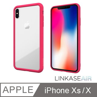 LINKASE AIR iPhone Xs / X(5.8吋)專用 美軍規防摔9H大猩猩康寧玻璃淨透機身2x抗衝擊保護殼-桃粉邊框