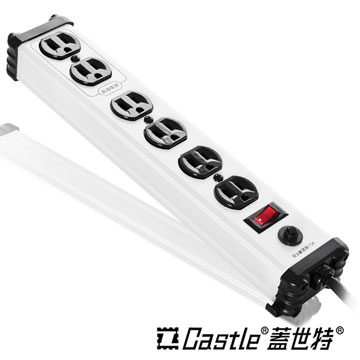 【Castle 蓋世特】 鋁合金電源突波保護插座(3孔/6座) 蘋果白