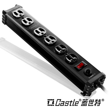 【Castle 蓋世特】 鋁合金電源突波保護插座(3孔/6座) 尊爵黑