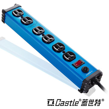 【Castle 蓋世特】 鋁合金電源突波保護插座(3孔/6座) 晶湛藍