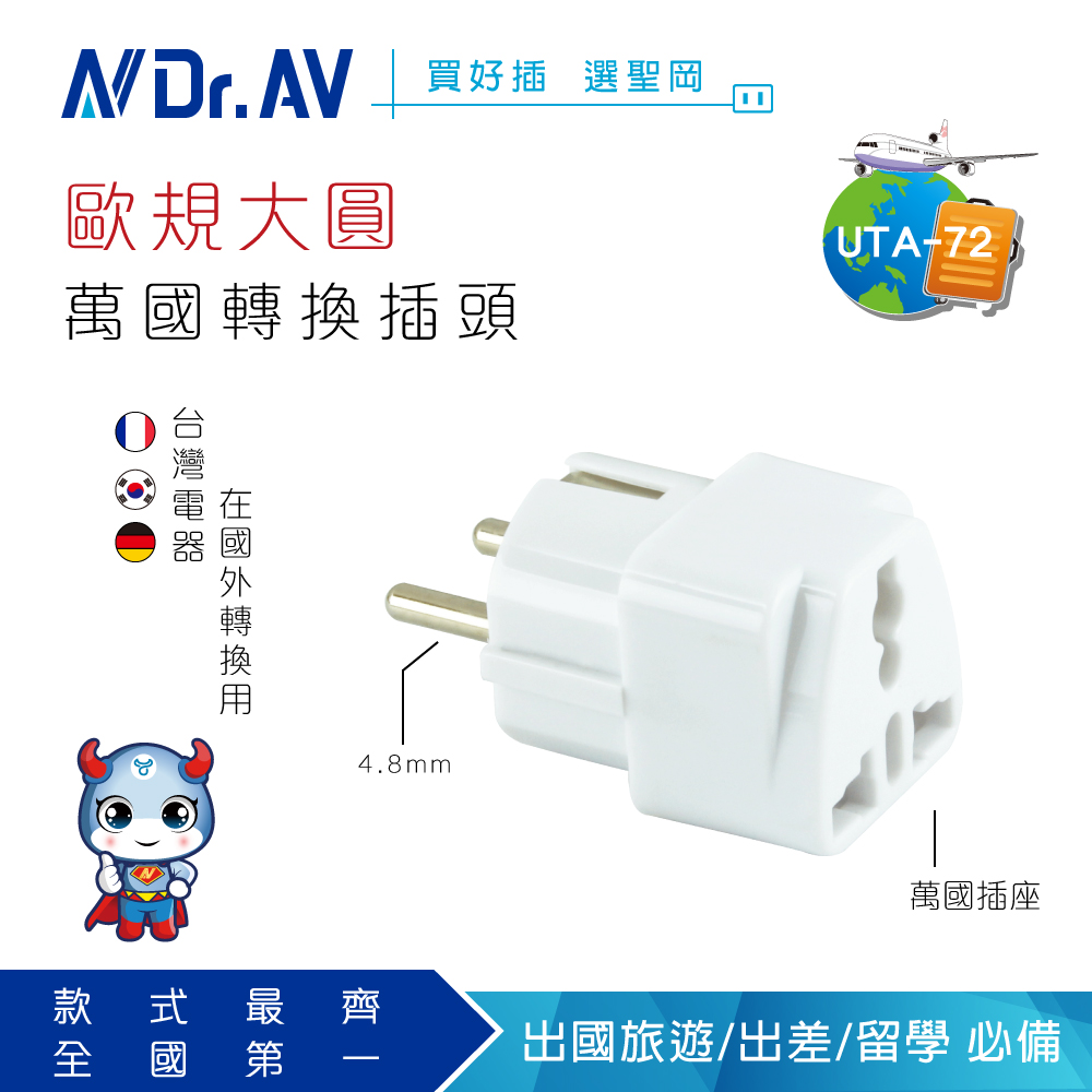 【Dr.AV】UTA-72 歐規大圓 出國專用萬用 轉換插頭(出國帶一個 輕巧又簡便)