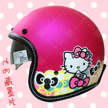 【Hello Kitty 七彩蝴蝶結 墨鏡騎士帽】安全帽 內置型遮陽鏡片│車縫線邊條
