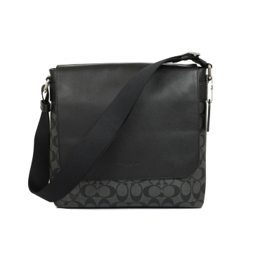COACH PVC LOGO皮革翻蓋記者包( 黑灰)