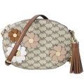 MICHAEL KORS Floral Applique滿版MK立體花朵流蘇橢圓斜背包(中/卡其棕)