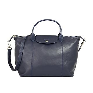 Longchamp Le Pliage Cuir 小羊皮短柄大型手提斜背包(海軍藍)