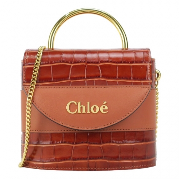 Chloe 小牛皮鱷魚壓紋橢圓桶型金屬手提肩背包(棕)