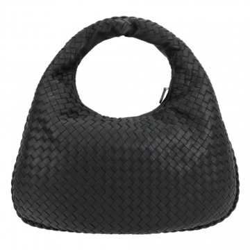 BOTTEGA VENETA Hobo 小羊皮仿編織格紋手提彎月包(黑)