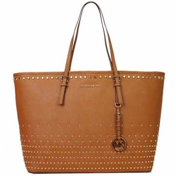MICHAEL KORS 金字鉚釘防刮皮革托特包(大/棕)