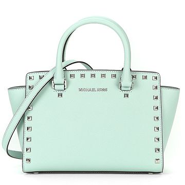 MICHAEL KORS 銀鉚釘防刮皮革手提/斜背包(中/青瓷綠)