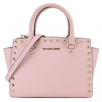 MICHAEL KORS 金鉚釘防刮皮革手提/斜背包(中/櫻花粉)