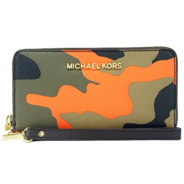 MICHAEL KORS 迷彩防刮皮革萬用手機包(橘綠-F)