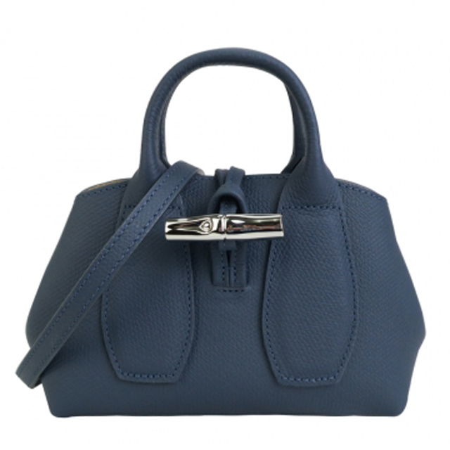 LONGCHAMP ROSEAU系列竹節卵石紋牛皮手提/斜背兩用包(小/深藍)
