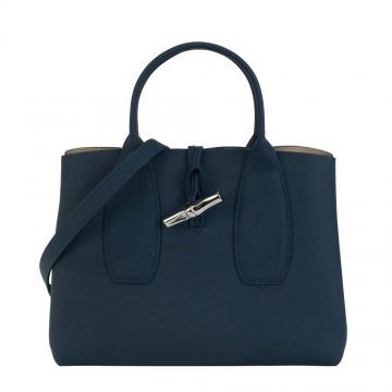 LONGCHAMP ROSEAU系列竹節卵石紋牛皮手提/斜背兩用包(中/機師藍)
