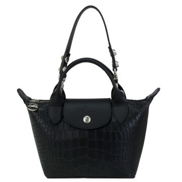 LONGCHAMP LE MINI PLIAGE CUIR系列鱷魚紋牛皮短把摺疊肩背/手提兩用水餃包(黑)