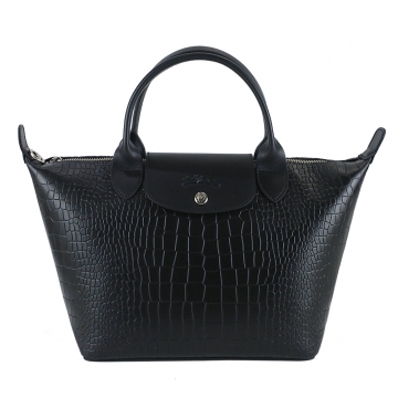 LONGCHAMP LE PLIAGE CUIR系列鱷魚紋牛皮短把手提水餃包(黑)
