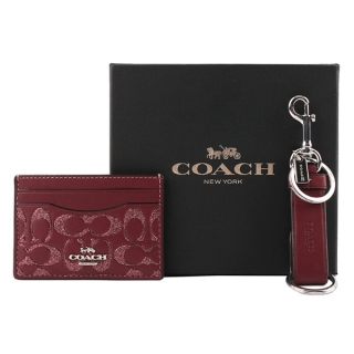 COACH 亮紋浮雕卡片夾+鑰匙圈禮盒組(酒紅色) F88494 SVWN