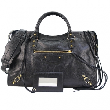 BALENCIAGA巴黎世家 CLASSIC CITY 小羊皮金釦手提斜背機車包(大黑/長斜揹帶)