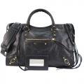 BALENCIAGA巴黎世家 CLASSIC CITY 小羊皮金釦手提斜背機車包(大黑/長斜揹帶)