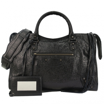 BALENCIAGA巴黎世家 CLASSIC CITY 小羊皮銅釦手提斜背機車包(大黑/長斜揹帶)