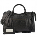 BALENCIAGA巴黎世家 CLASSIC CITY 小羊皮銅釦手提斜背機車包(大黑/長斜揹帶)