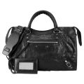 BALENCIAGA CLASSIC SILVER CITY亮銀釦羊皮手提/斜背機車包-黑/長斜揹帶