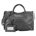 BALENCIAGA CLASSIC SILVER CITY亮銀釦羊皮手提/斜背機車包-灰/長斜揹帶