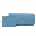 PRADA SAFFIANO浮雕LOGO防刮牛皮雙釦長夾(水藍/附車票夾)