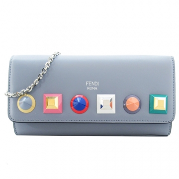 FENDI 小牛皮革彩色鉚釘鏈帶斜背/皮夾(灰藍)