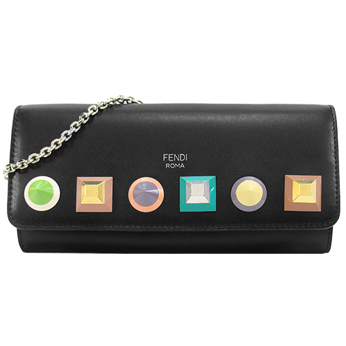 FENDI 小牛皮革彩色鉚釘鏈帶斜背/皮夾(黑)