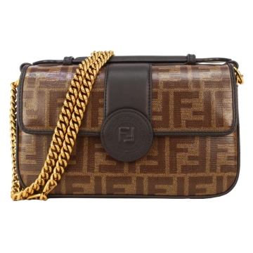 FENDI 素面牛皮拼接FF印花鏈袋斜背包(棕黑)