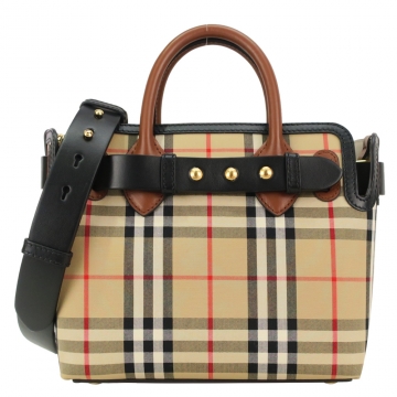BURBERRY Vintage經典格紋皮釦造型手提/斜背兩用包(卡其黑)