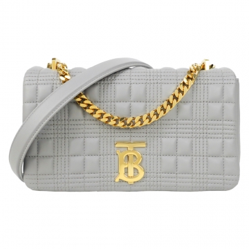 BURBERRY LOLA 小羊皮金屬LOGO格紋縫線鏈袋肩背包(灰)
