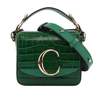 CHLOE Mini C BAG牛皮壓鱷魚紋手提/斜背兩用包(綠色) CHC19US193A87 3H0