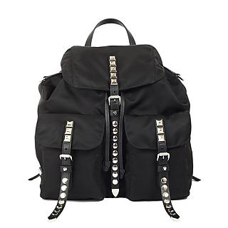 PRADA 經典尼龍鉚釘皮革雙口袋大型後背包(黑色)