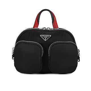 PRADA Nylon Cargo 尼龍雙口袋三角LOGO 手提後背包(黑/紅)