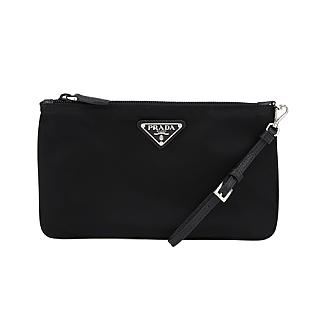 PRADA TESSUTO 銀色三角LOGO尼龍小型手拿萬用包(黑色)