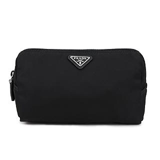 PRADA TESSUTO 銀色三角LOGO尼龍手拿化妝萬用包(黑色)