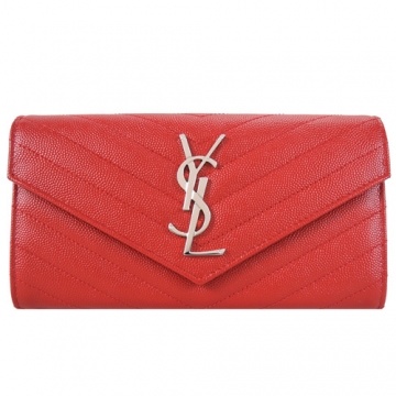 【YSL】MONOGRAM系列V字縫線魚子醬牛皮金屬LOGO暗釦手拿長夾(紅)