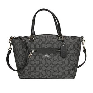 COACH 專櫃款C LOGO緹花布牛皮拼接手提斜背兩用水餃包(黑灰)