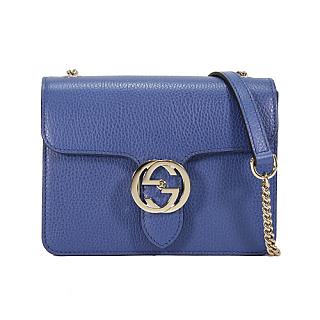 GUCCI 金屬LOGO壓釦鍊帶斜背包(藍色)